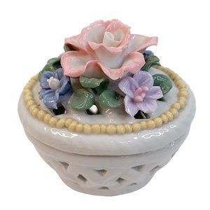 Vintage Trinket Box Applied Rose Flowers Reticulated Lattice Basket Jewelry Ring